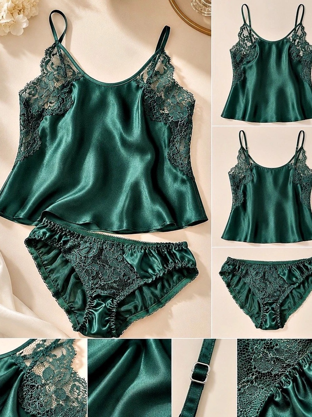 Y2K Victoria's Secret Satin and Lace Cami and Panty Set Green XS
